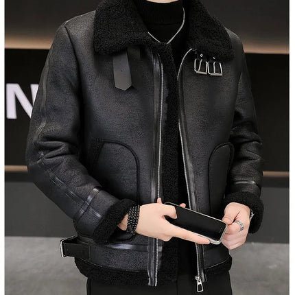 High-quality Faux Fur Leather Jackets Men Splicing Pockets Trend Casual Motorcycle Bike Jacket Winter Thick Warm Coat Streetwear