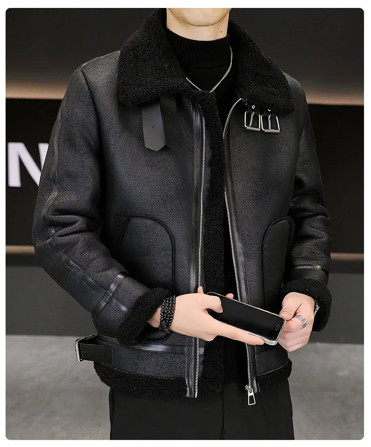 High-quality Faux Fur Leather Jackets Men Splicing Pockets Trend Casual Motorcycle Bike Jacket Winter Thick Warm Coat Streetwear