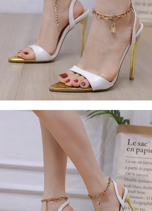 New Summer Sandals Women Fashion Gold Chain Ankle Strap Sexy Peep Toe Ladies Metal High Heels Sandals Woman Party Shoes Pumps PlatiNum