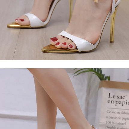 New Summer Sandals Women Fashion Gold Chain Ankle Strap Sexy Peep Toe Ladies Metal High Heels Sandals Woman Party Shoes Pumps PlatiNum