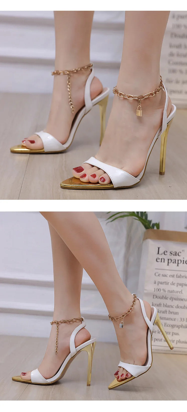 New Summer Sandals Women Fashion Gold Chain Ankle Strap Sexy Peep Toe Ladies Metal High Heels Sandals Woman Party Shoes Pumps PlatiNum