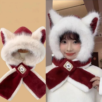 New Fox Ears Integrated Hat Scarf Set Warm Pullover Cap Windproof Coldproof Ear Protection Hat Outdoor Sports