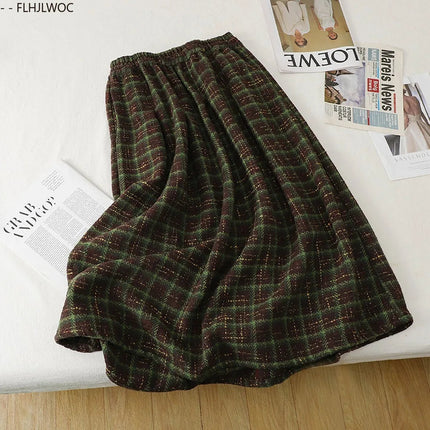 Art Mori Girls Woolen Skirts New 2025 Autumn Winter Basics Woman Cute Sweet Japanese Preppy Style Retro Vintage Long Plaid Skirt PlatiNum