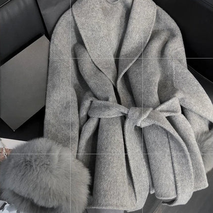 Faux Grey Elegant Casual Winter Belted Mid-Length Overcoat Women's Fashion Outerwear Warm Coat 2025 Fashion Cardigan Jacket