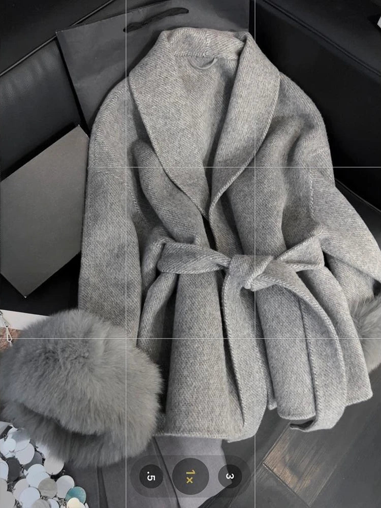 Faux Grey Elegant Casual Winter Belted Mid-Length Overcoat Women's Fashion Outerwear Warm Coat 2025 Fashion Cardigan Jacket