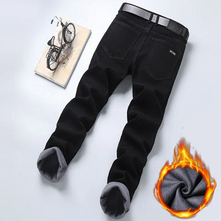 Winter Men's Slim Straight Elastic Denim Pants Casual Male Clothing Fashion Plush Trousers Pure Black Fleece Thick Warm Jeans