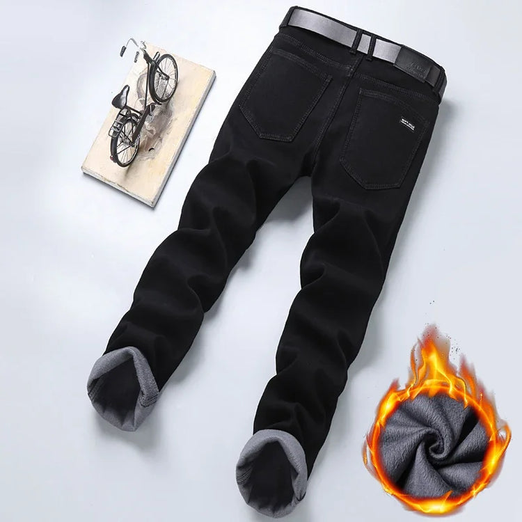 Winter Men's Slim Straight Elastic Denim Pants Casual Male Clothing Fashion Plush Trousers Pure Black Fleece Thick Warm Jeans