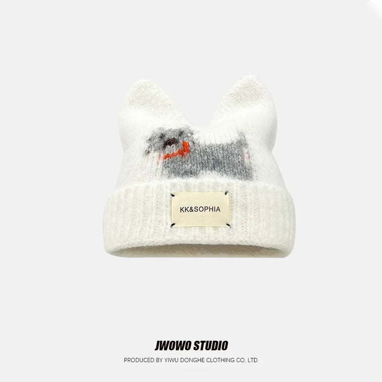 Cute Cartoon Kitten Ear Woolen Cap for Women Warm Cold-proof Autumn Winter Puppy Pattern Knitted Hat Fashion Sweet Crochet hats
