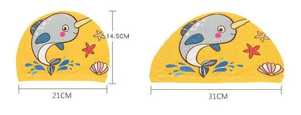 Kids Swim Cap Stretchy Fabric Cute Cartoon Long Hair Adorable Children Protect Ears Pool Hat for Boys and Girls