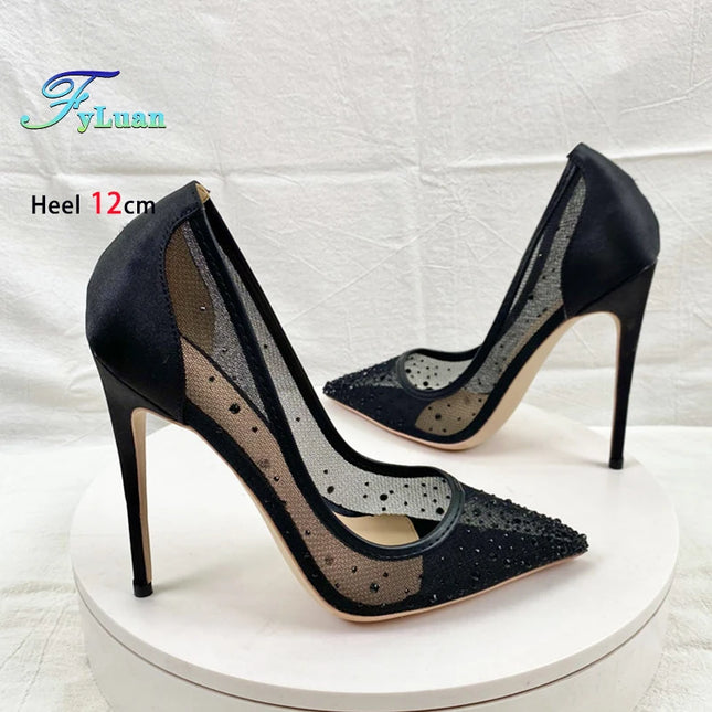 Women's Rhinestone Breathable Mesh Shoes 8CM 10CM 12CM Stiletto Pumps Fashion Pointed Toe Summer Evening High Heels Black
