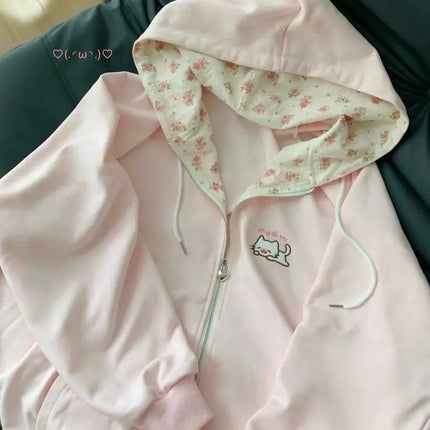 Thin Cat Pattern Floral Long Sleeve Zippered Hoodie Women's Spring and Summer Japanese Style Cute Open Cardigan Loose Top