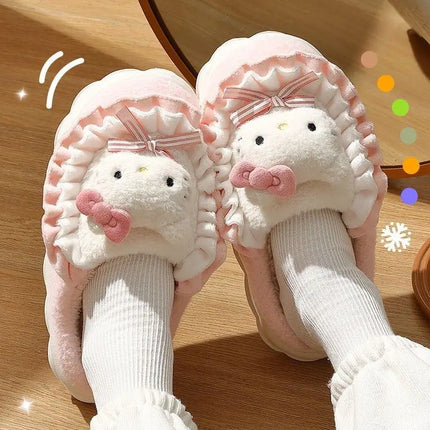 Women Cute Cartoon Plush Slippers Ruffled Lace Bow Warm Fuzzy Thick Non-Slip Sole Winter Indoor Bedroom Cozy House Shoes Girls