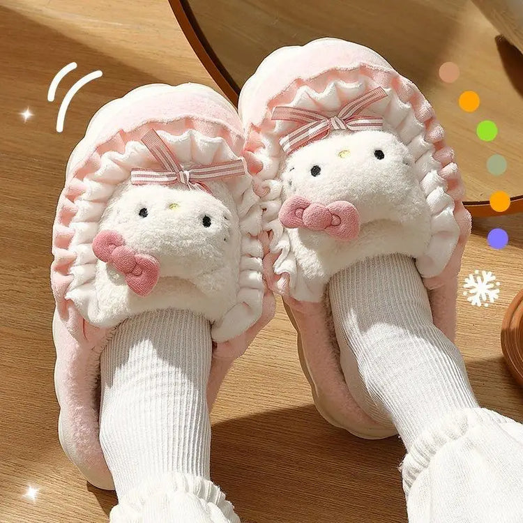 Women Cute Cartoon Plush Slippers Ruffled Lace Bow Warm Fuzzy Thick Non-Slip Sole Winter Indoor Bedroom Cozy House Shoes Girls