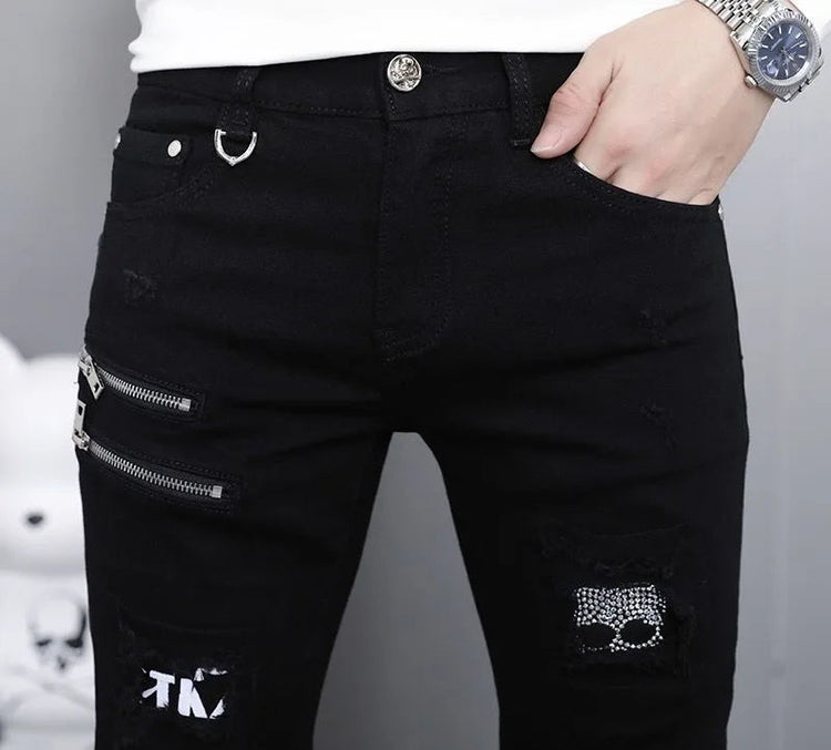 2024 Spring and Autumn Fashion Trend Black Straight Leg Ripped Jeans Men's Casual Comfort Breathable High-Quality Denim Pants PlatiNum