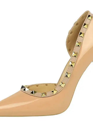 2025 Nuovo Sexy Nero Sottile Tacchi Alti 10.5 Centimetri Scarpe da Donna Testa A Punta Rivetto Pompe da Donna in Pelle Verniciata Stiletto Scarpe da Discoteca platinumshop