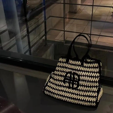 Large Capacity AB Letter Woven Straw Tote Bag, Beach Vacation Women's Striped RIO City Simple Style Casual Travel Bag