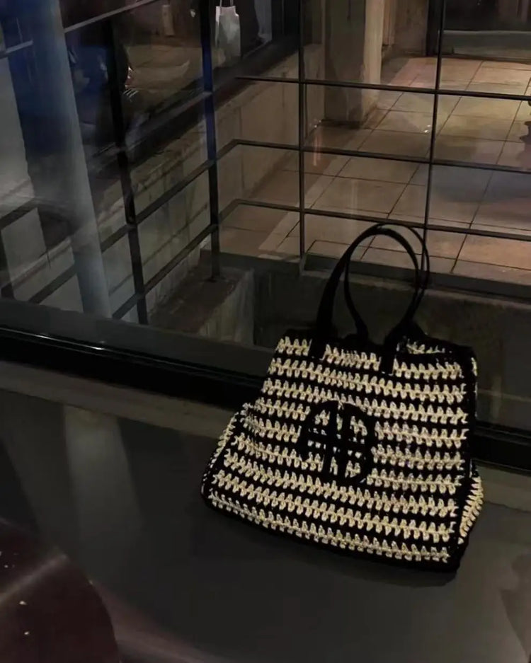 Borsa tote in paglia intrecciata con lettera AB di grande capacità, per vacanze al mare, da donna, a righe, RIO City, stile semplice, borsa da viaggio casual