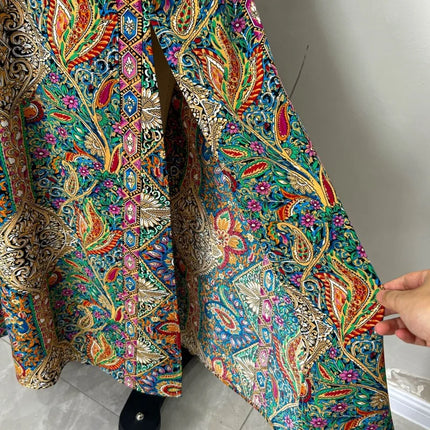 Gonna Lunga Vintage Bohemien con Stampa Etnica da Donna, Gonna Estiva Casual a Vita Alta 2026, Elegante Gonna Boho a Trapezio con Spacco e Pieghe