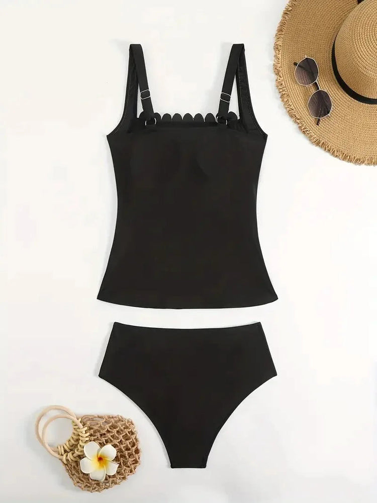 Vigorashely 2026 Set Tankini Vintage Solido da Donna con Spalline a Volant, Costume da Bagno Due Pezzi Senza Schienale a Vita Alta platinumshop