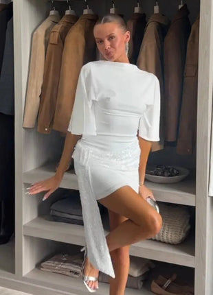 HH 2026 Abito Corto Elegante da Donna Bianco con Maniche Corte, Schiena Scoperta e Decorazioni in Paillettes, Mini Abito Sexy alla Moda per Feste platinumshop