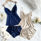 Set pigiama in raso solido Sexy da donna estivo Top e pantaloncini set di quattro pezzi morbido e confortevole