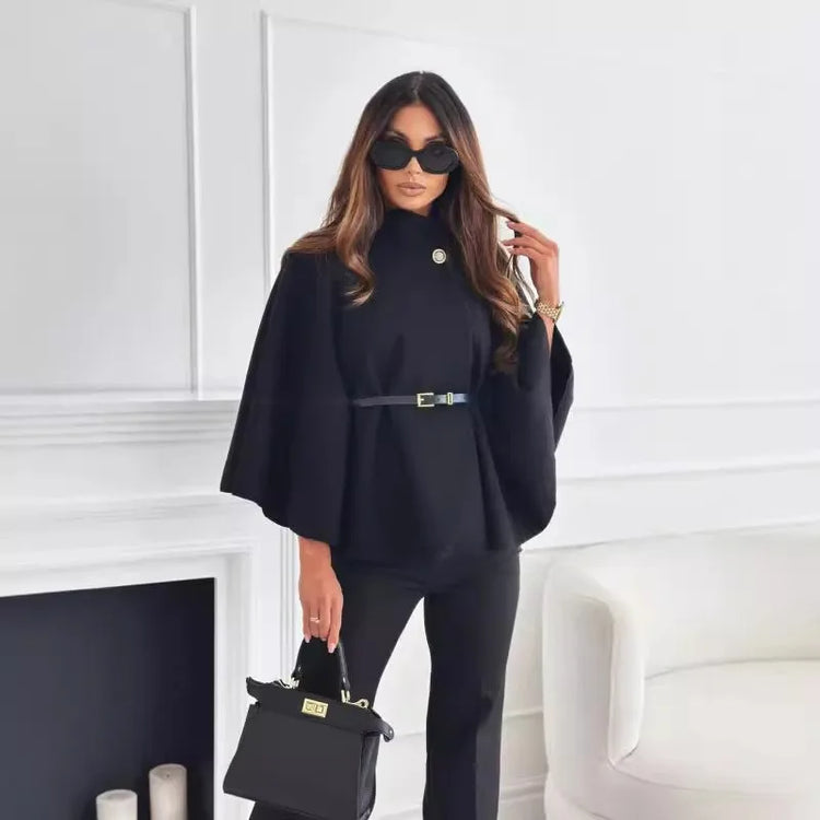 Women's Thick Turtleneck Batwing Sleeve Cape Coat with Single Button Elegant Three Quarter Length Top for Woman and Ponchos