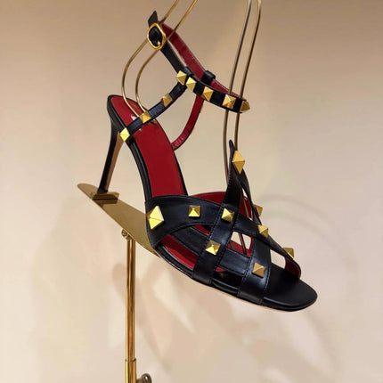 Sandali da donna con tacco alto e punta tonda, con rivetti e design a bocca di pesce, estivi 2026, alla moda, per feste, taglie forti platinumshop