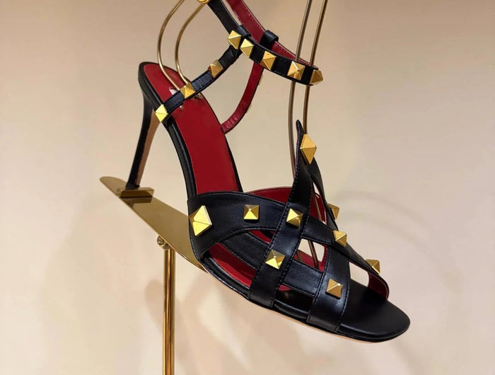 Sandali da donna con tacco alto e punta tonda, con rivetti e design a bocca di pesce, estivi 2026, alla moda, per feste, taglie forti platinumshop