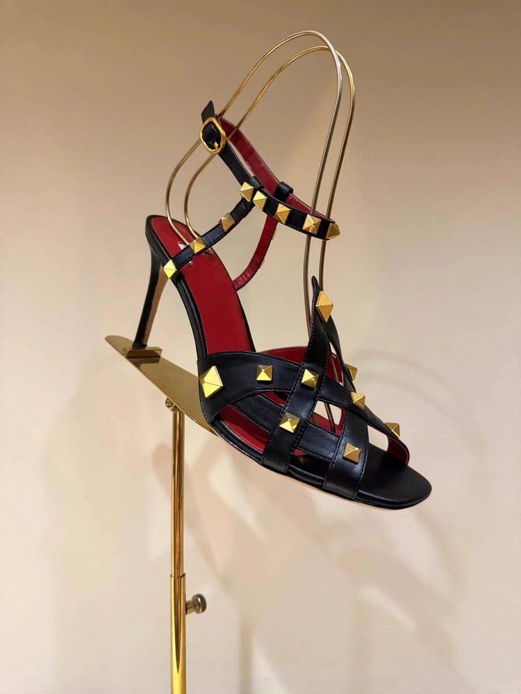 Sandali da donna con tacco alto e punta tonda, con rivetti e design a bocca di pesce, estivi 2026, alla moda, per feste, taglie forti platinumshop
