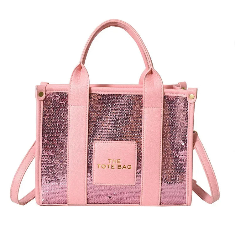 Sequins Top-Handle Bags Fashion PU Leather Shoulder Bag Large Capacity Travel Handbag Women Trendy Casual Satchel Tote Purse PlatiNum