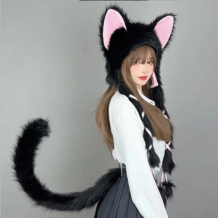 Long Plush Cat Ear Hat Fox Ear Double Braid Caps Cute Lolita Anime Fall Winter Cap Y2K Anime Cosplay Accessories