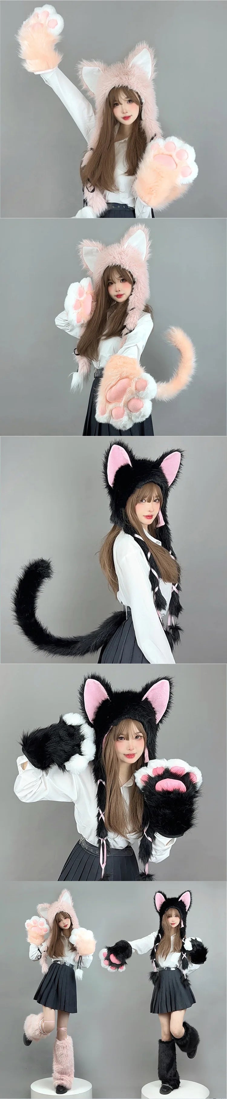 Long Plush Cat Ear Hat Fox Ear Double Braid Caps Cute Lolita Anime Fall Winter Cap Y2K Anime Cosplay Accessories