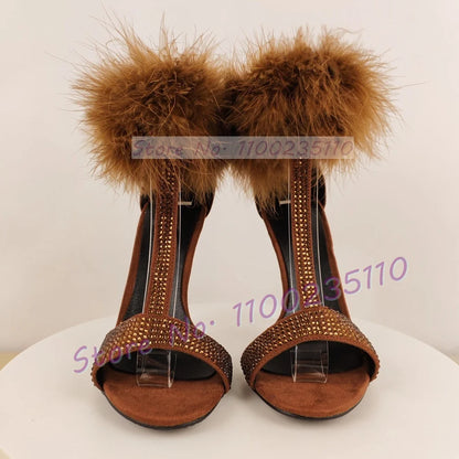 Chocolate Rhinestone T Strap Sandals Women Trendy Real Turkey Feather Ankle Strap Luxury Shoes Glittery Party High Heels Sandals