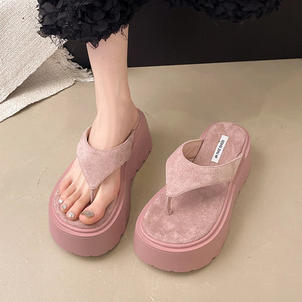 Pantofole da esterno con zeppa Infradito estive da donna con fondo spesso Infradito da spiaggia per il tempo libero a vita alta da esterno in pelle scamosciata