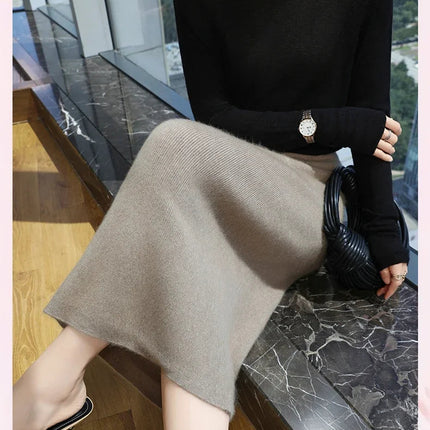 Quality Mink Cashmere Skirt Women's High Waist Slim Hip Skirt Chinese Cheongsam Knit Skirt Fashion All-Match Sweater PlatiNum
