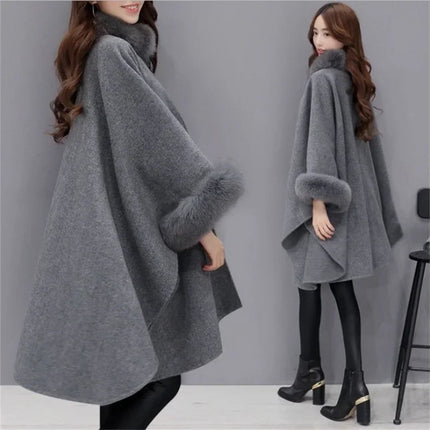 S-5XL Winter Warm Fashion Cloak Horn Buckle Woolen Poncho Capes Women Faux Rabbit Fur Dolman Sleeves Loose Long Cappa Coat