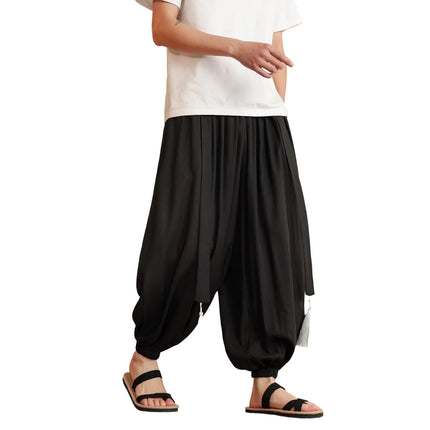 Pantaloni Stile Cinese da Uomo, Etnici in Lino a Gamba Larga, Design con Cavallo Morbido, Pantaloni da Ballo, Casual, Hanfu, Stile Lanterna, 8XL