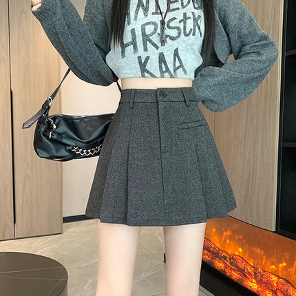 Gidyq Women Wool Mini Skirt Casual Korean Female High Waist Pleated Skirt Harajuku Fashion Streetwear Thick A Line Skirts New PlatiNum