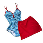 Costume da Bagno a Quadri con Design Snellente, Stile Conservativo, Schiena Scoperta, Gonna, Costume da Bagno Blu Fresco, Set Bikini, Abbigliamento da Resort platinumshop