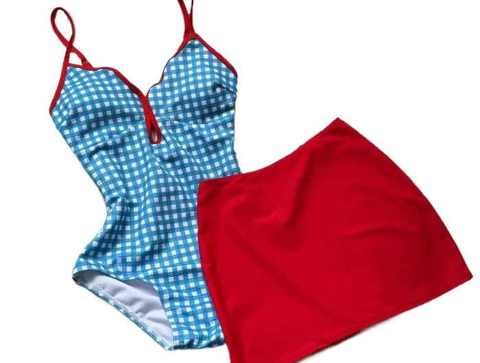Costume da Bagno a Quadri con Design Snellente, Stile Conservativo, Schiena Scoperta, Gonna, Costume da Bagno Blu Fresco, Set Bikini, Abbigliamento da Resort platinumshop