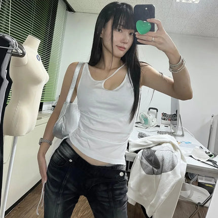Karrram Vintage Distressed Low Waist Jeans Grunge Asymmetrical Waist Denim Pant Korean Fashion Black Flare Jeans Kpop Streetwear