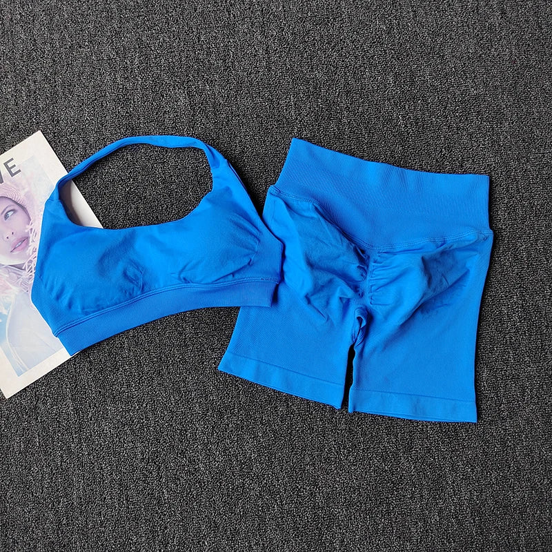 2PCs Peach High Waist Belly Hip Lifting Sports Bras Shorts Suit Gathering Shock-proof Neck Halter Yoga Suit Running Fitness Set