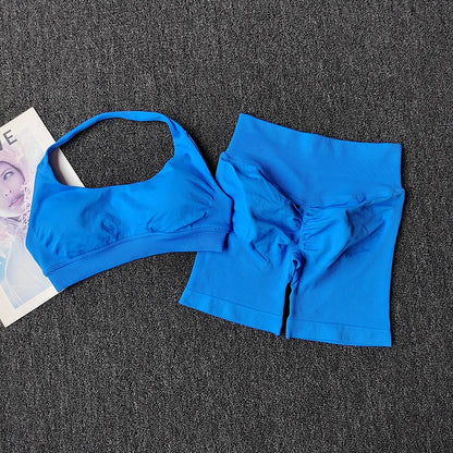 2PCs Peach High Waist Belly Hip Lifting Sports Bras Shorts Suit Gathering Shock-proof Neck Halter Yoga Suit Running Fitness Set