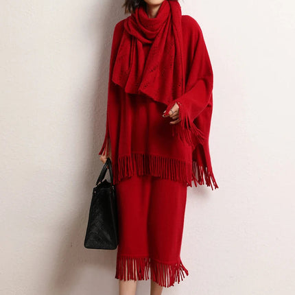 New Straight A-line Skirt Women's 100% Cashmere knitwear Spring Autumn Casual Loose Tassels Soft High Waist Mid Length Skirt PlatiNum