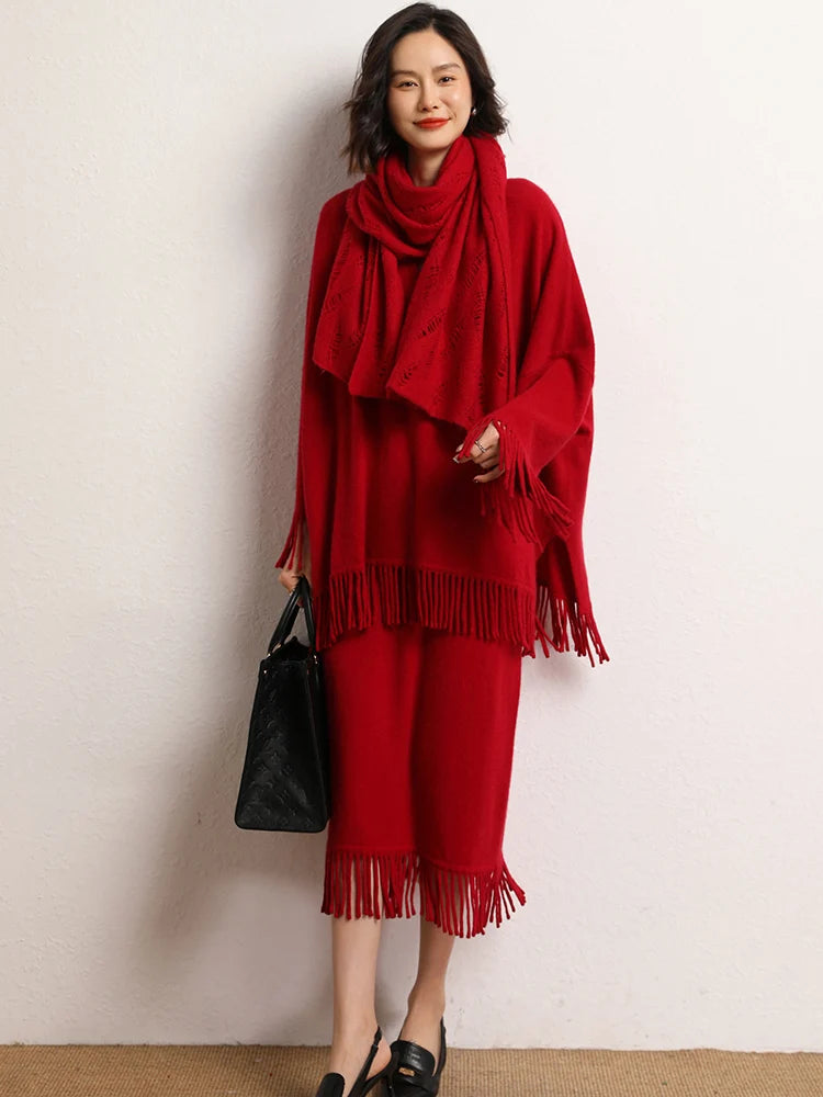 New Straight A-line Skirt Women's 100% Cashmere knitwear Spring Autumn Casual Loose Tassels Soft High Waist Mid Length Skirt PlatiNum