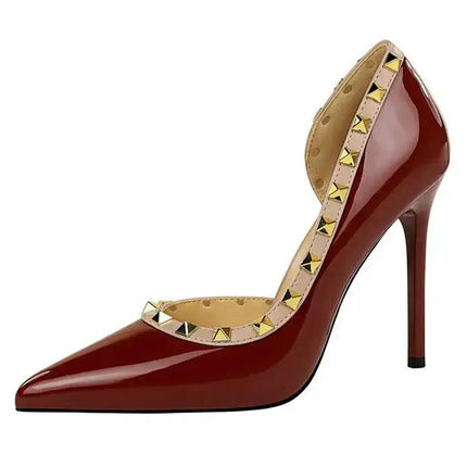2025 Nuovo Sexy Nero Sottile Tacchi Alti 10.5 Centimetri Scarpe da Donna Testa A Punta Rivetto Pompe da Donna in Pelle Verniciata Stiletto Scarpe da Discoteca platinumshop
