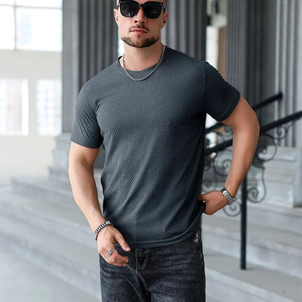 2025 New Men's Casual Short Sleeved Bone Flower Solid Color O-neck T-shirt Fashion Breathable Comfortable Summer Versatile Top PlatiNum