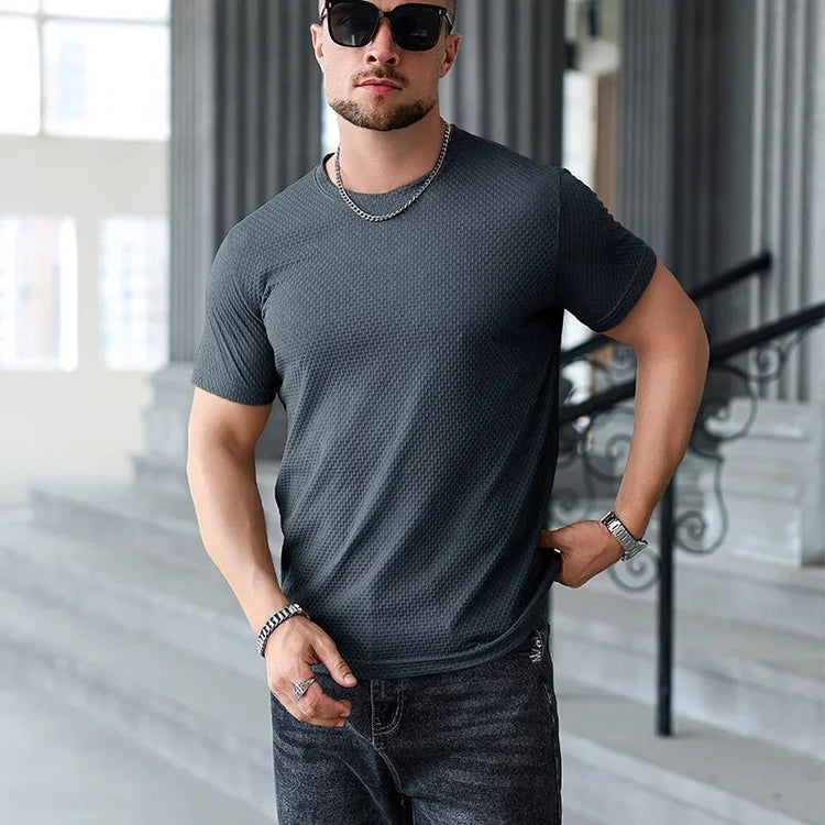 2025 New Men's Casual Short Sleeved Bone Flower Solid Color O-neck T-shirt Fashion Breathable Comfortable Summer Versatile Top PlatiNum