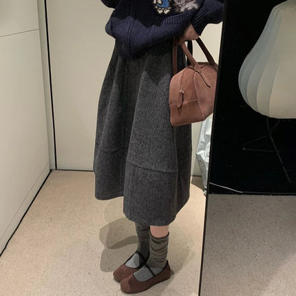Vintage Woolen Midi Skirt Women Harajuku Streetwear High Waist Skirts Autumn Winter Ladies Korean Casual Design A Line Faldas PlatiNum