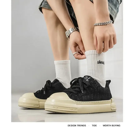 Toe Thick Sole Platform Men Sneakers Lace Up Patchwork Fashion New Trend Casual Trainer Shoes Thick Bottomed All Season